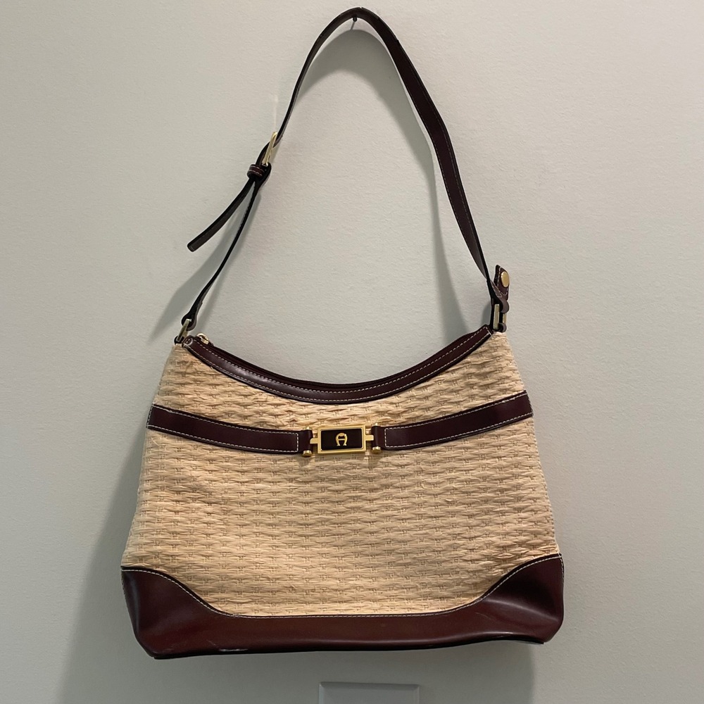 Etienne Aigner Woven Straw Shoulder Bag Burgundy Leather Trim Gold Hardware